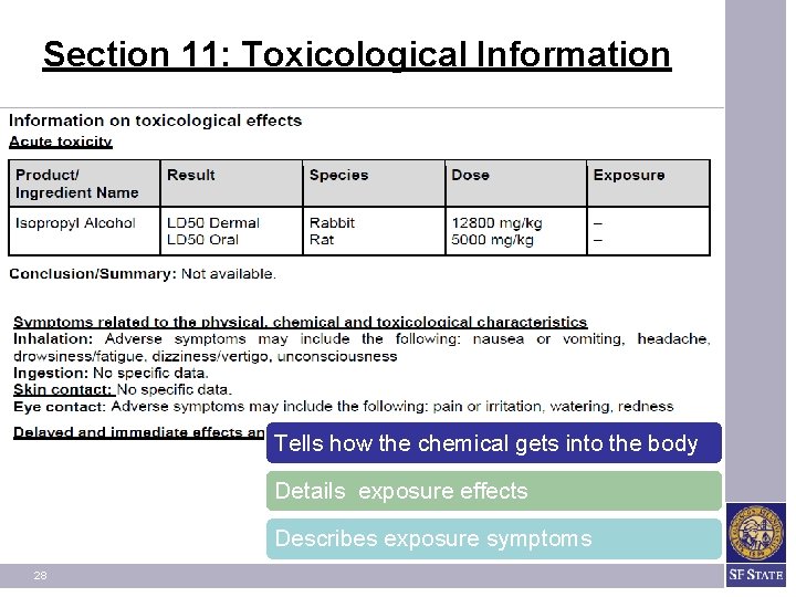 Section 11: Toxicological Information Tells how the chemical gets into the body Details exposure Section 11: Toxicological Information Tells how the chemical gets into the body Details exposure