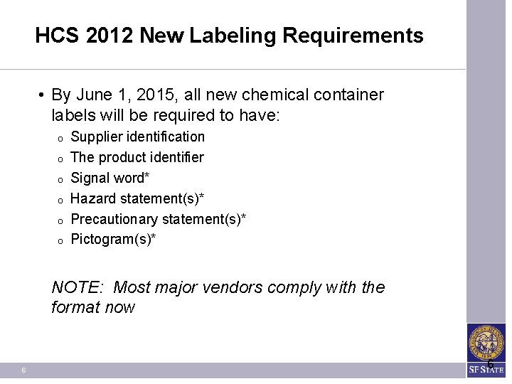 HCS 2012 New Labeling Requirements • By June 1, 2015, all new chemical container HCS 2012 New Labeling Requirements • By June 1, 2015, all new chemical container