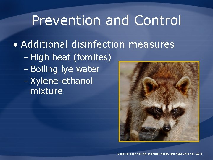 Prevention and Control • Additional disinfection measures – High heat (fomites) – Boiling lye