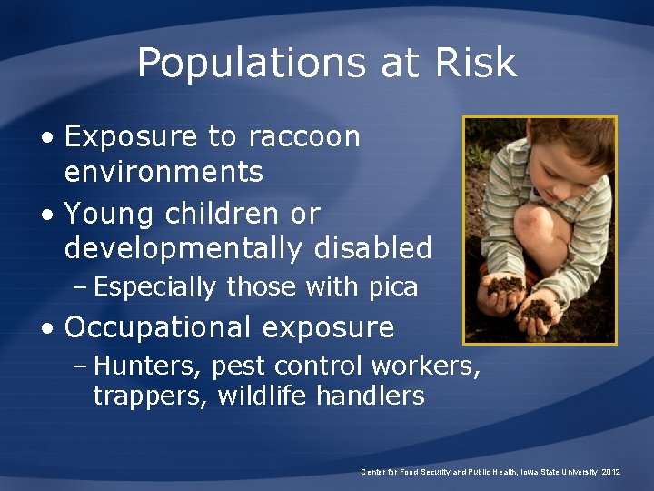 Populations at Risk • Exposure to raccoon environments • Young children or developmentally disabled