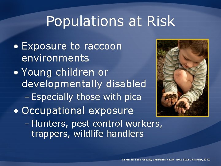 Populations at Risk • Exposure to raccoon environments • Young children or developmentally disabled Populations at Risk • Exposure to raccoon environments • Young children or developmentally disabled