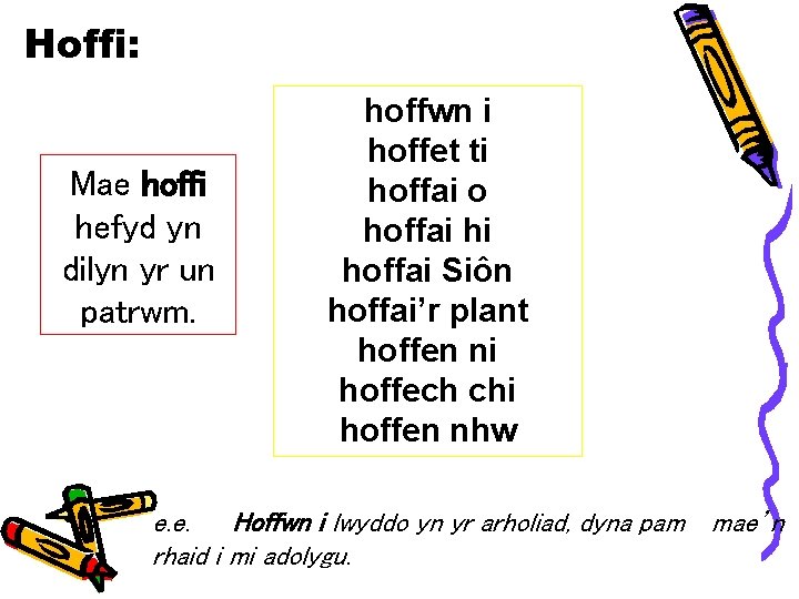 Hoffi: Mae hoffi hefyd yn dilyn yr un patrwm. hoffwn i hoffet ti hoffai