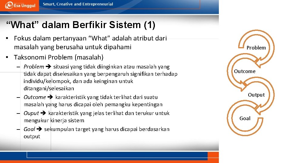 “What” dalam Berfikir Sistem (1) • Fokus dalam pertanyaan “What” adalah atribut dari masalah