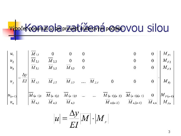 Konzola zatížená osovou silou Výpočet posunutí uj lze provézt maticovým počtem: 3 