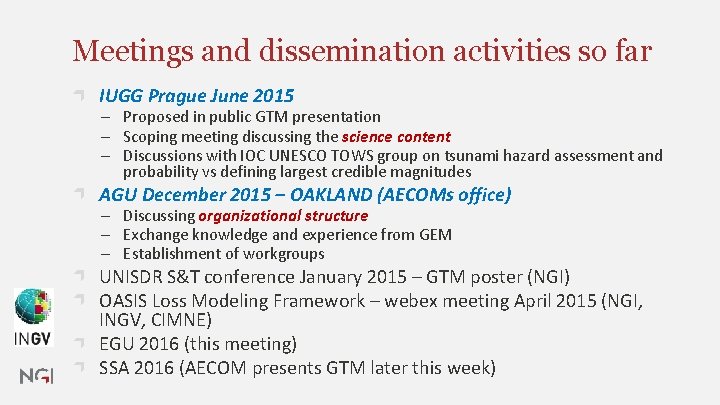 Meetings and dissemination activities so far IUGG Prague June 2015 ─ Proposed in public Meetings and dissemination activities so far IUGG Prague June 2015 ─ Proposed in public