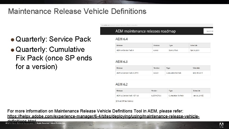 Maintenance Release Vehicle Definitions Quarterly: Service Pack Quarterly: Cumulative Fix Pack (once SP ends Maintenance Release Vehicle Definitions Quarterly: Service Pack Quarterly: Cumulative Fix Pack (once SP ends