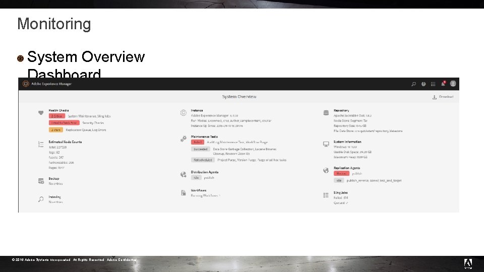 Monitoring System Overview Dashboard © 2016 Adobe Systems Incorporated. All Rights Reserved. Adobe Confidential. Monitoring System Overview Dashboard © 2016 Adobe Systems Incorporated. All Rights Reserved. Adobe Confidential.