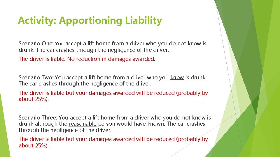 Activity: Apportioning Liability Scenario One: You accept a lift home from a driver who Activity: Apportioning Liability Scenario One: You accept a lift home from a driver who