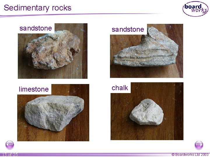Sedimentary rocks 13 of 25 sandstone limestone chalk © Boardworks Ltd 2003 