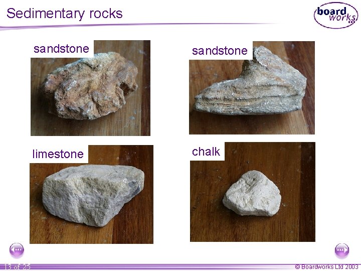 Sedimentary rocks 13 of 25 sandstone limestone chalk © Boardworks Ltd 2003 Sedimentary rocks 13 of 25 sandstone limestone chalk © Boardworks Ltd 2003