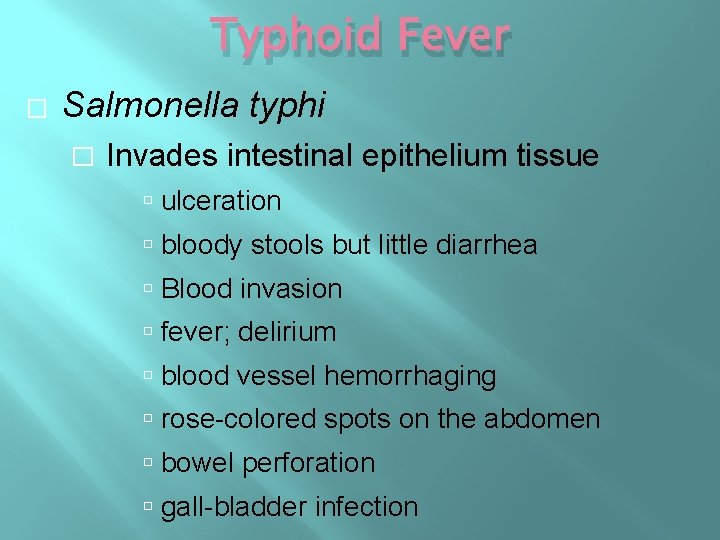 Typhoid Fever � Salmonella typhi � Invades intestinal epithelium tissue ulceration bloody stools but Typhoid Fever � Salmonella typhi � Invades intestinal epithelium tissue ulceration bloody stools but