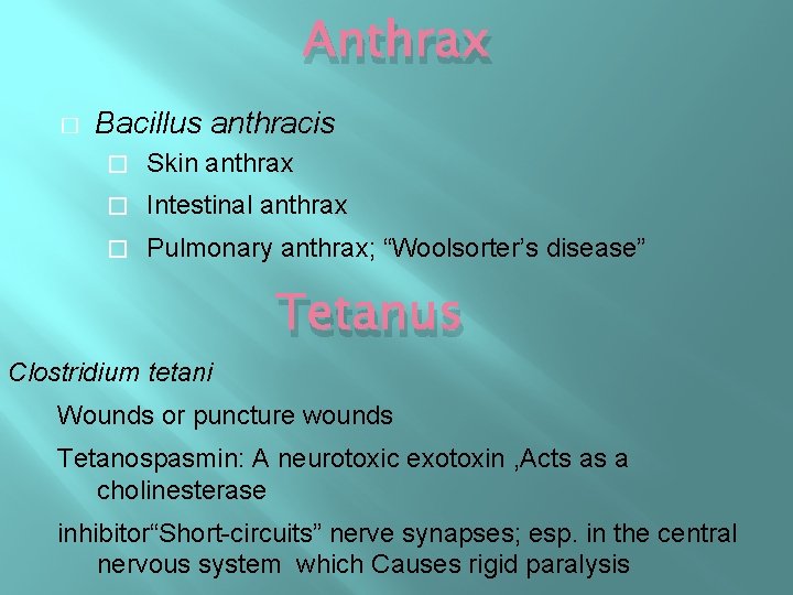 Anthrax � Bacillus anthracis � Skin anthrax � Intestinal anthrax � Pulmonary anthrax; “Woolsorter’s Anthrax � Bacillus anthracis � Skin anthrax � Intestinal anthrax � Pulmonary anthrax; “Woolsorter’s