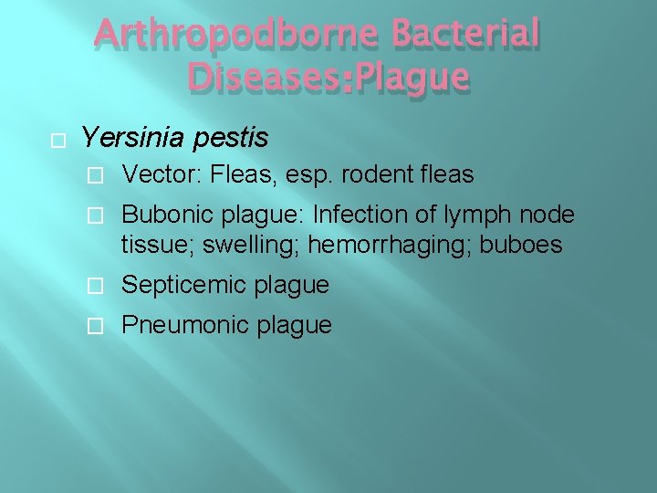 Arthropodborne Bacterial Diseases: Plague � Yersinia pestis � Vector: Fleas, esp. rodent fleas � Arthropodborne Bacterial Diseases: Plague � Yersinia pestis � Vector: Fleas, esp. rodent fleas �