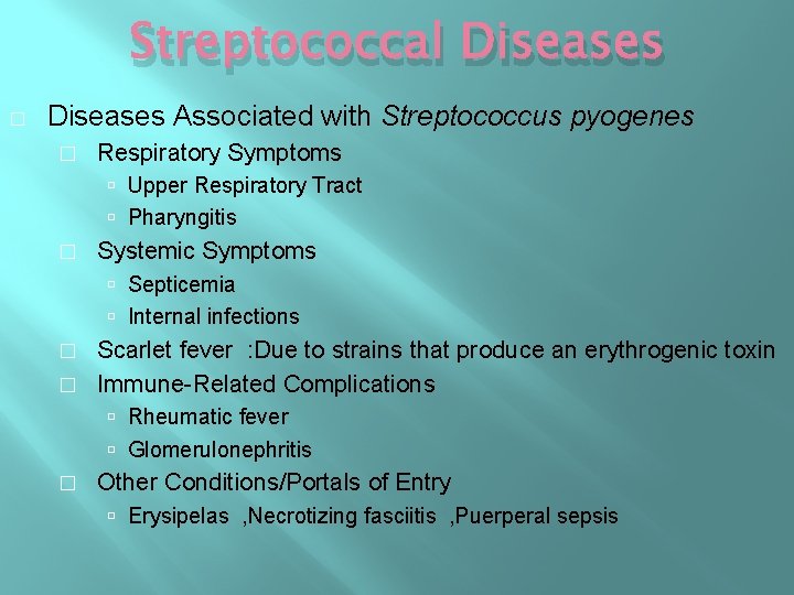 Streptococcal Diseases � Diseases Associated with Streptococcus pyogenes � Respiratory Symptoms Upper Respiratory Tract Streptococcal Diseases � Diseases Associated with Streptococcus pyogenes � Respiratory Symptoms Upper Respiratory Tract