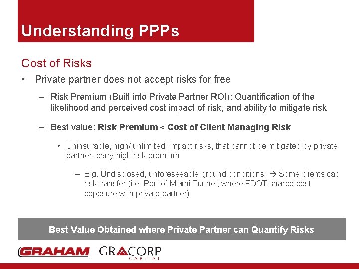 Understanding PPPs Cost of Risks • Private partner does not accept risks for free