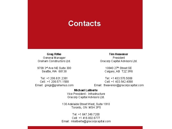 Contacts Greg Ritke General Manager Graham Constructors Ltd. Tim Heavenor President Gracorp Capital Advisors