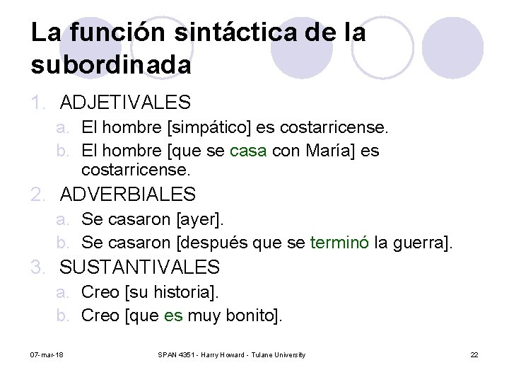 La función sintáctica de la subordinada 1. ADJETIVALES a. El hombre [simpático] es costarricense.