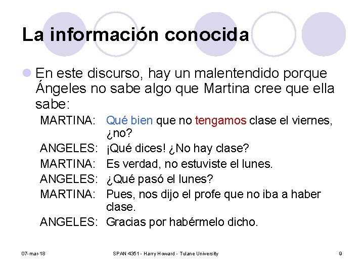 La información conocida l En este discurso, hay un malentendido porque Ángeles no sabe La información conocida l En este discurso, hay un malentendido porque Ángeles no sabe