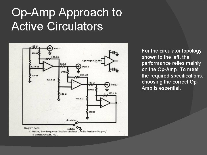 Op-Amp Approach to Active Circulators For the circulator topology shown to the left, the