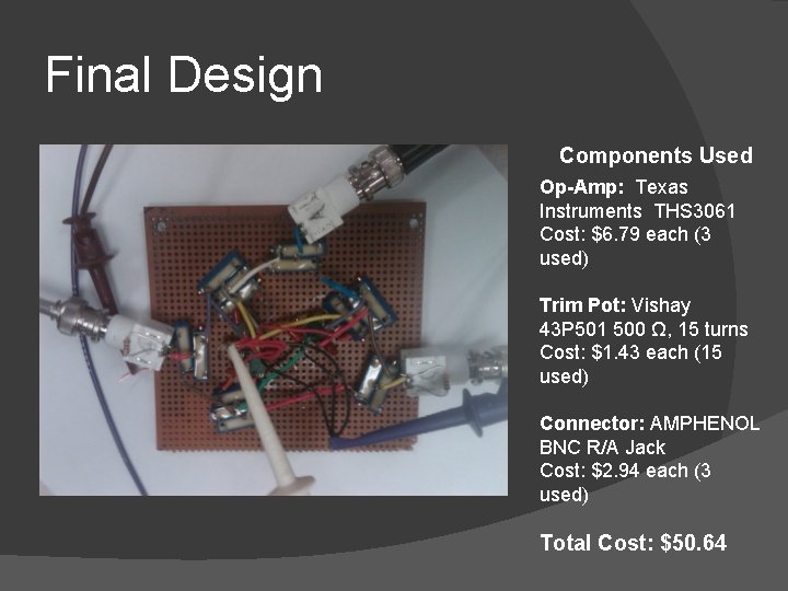 Final Design Components Used Op-Amp: Texas Instruments THS 3061 Cost: $6. 79 each (3
