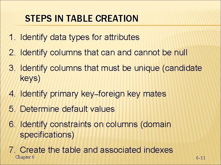 STEPS IN TABLE CREATION 1. Identify data types for attributes 2. Identify columns that STEPS IN TABLE CREATION 1. Identify data types for attributes 2. Identify columns that