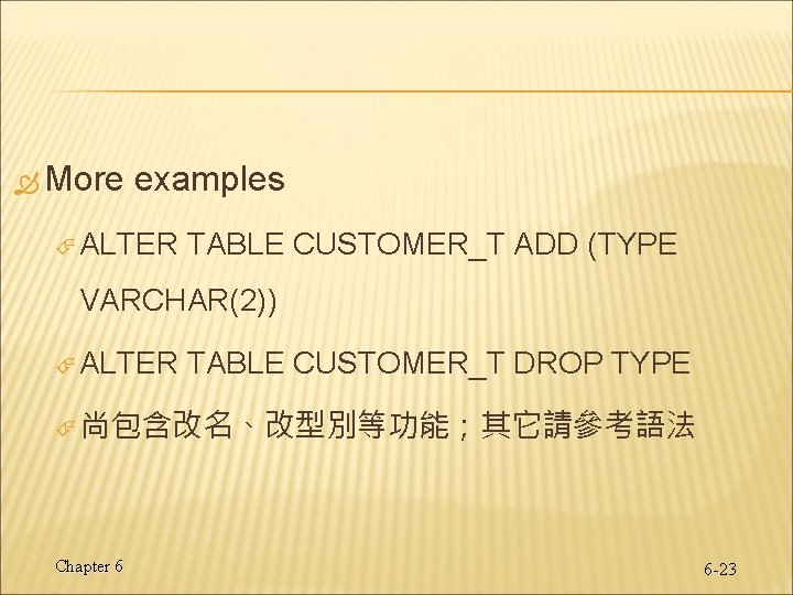 More examples ALTER TABLE CUSTOMER_T ADD (TYPE VARCHAR(2)) ALTER TABLE CUSTOMER_T DROP TYPE More examples ALTER TABLE CUSTOMER_T ADD (TYPE VARCHAR(2)) ALTER TABLE CUSTOMER_T DROP TYPE