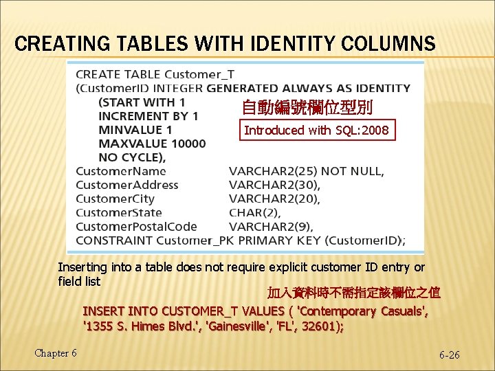 CREATING TABLES WITH IDENTITY COLUMNS 自動編號欄位型別 Introduced with SQL: 2008 Inserting into a table CREATING TABLES WITH IDENTITY COLUMNS 自動編號欄位型別 Introduced with SQL: 2008 Inserting into a table