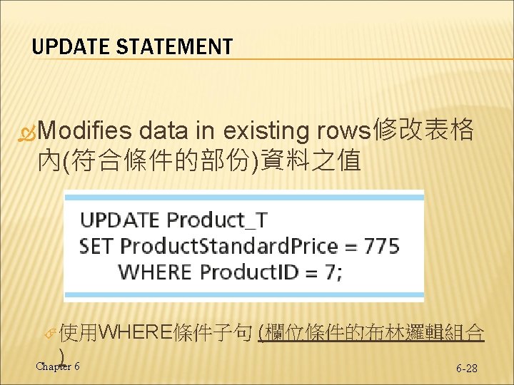 UPDATE STATEMENT Modifies data in existing rows修改表格 內(符合條件的部份)資料之值 使用WHERE條件子句 ) Chapter 6 (欄位條件的布林邏輯組合 6 UPDATE STATEMENT Modifies data in existing rows修改表格 內(符合條件的部份)資料之值 使用WHERE條件子句 ) Chapter 6 (欄位條件的布林邏輯組合 6