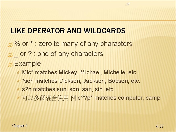 37 LIKE OPERATOR AND WILDCARDS % or * : zero to many of any 37 LIKE OPERATOR AND WILDCARDS % or * : zero to many of any