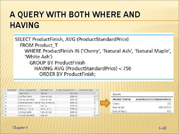A QUERY WITH BOTH WHERE AND HAVING Chapter 6 6 -48 A QUERY WITH BOTH WHERE AND HAVING Chapter 6 6 -48