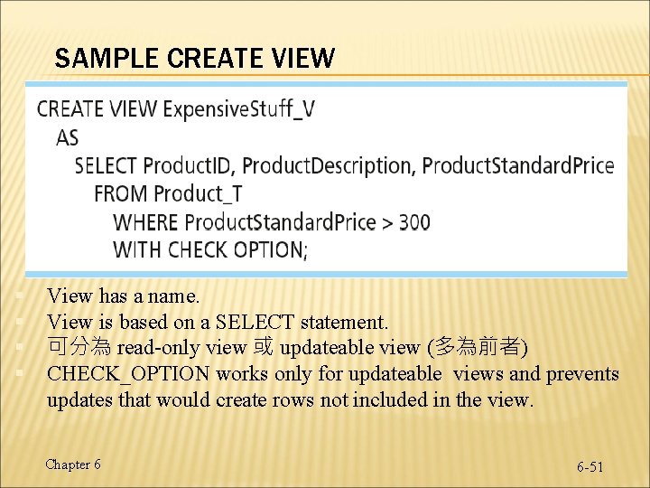 SAMPLE CREATE VIEW § § View has a name. View is based on a SAMPLE CREATE VIEW § § View has a name. View is based on a