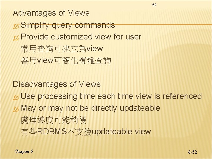 52 Advantages of Views Simplify query commands Provide customized view for user 常用查詢可建立為view 善用view可簡化複雜查詢 52 Advantages of Views Simplify query commands Provide customized view for user 常用查詢可建立為view 善用view可簡化複雜查詢