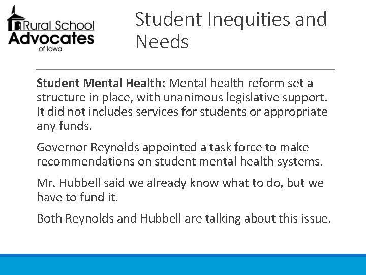 Student Inequities and Needs Student Mental Health: Mental health reform set a structure in