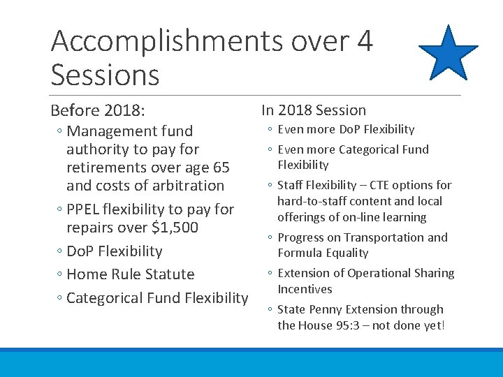 Accomplishments over 4 Sessions Before 2018: ◦ Management fund authority to pay for retirements