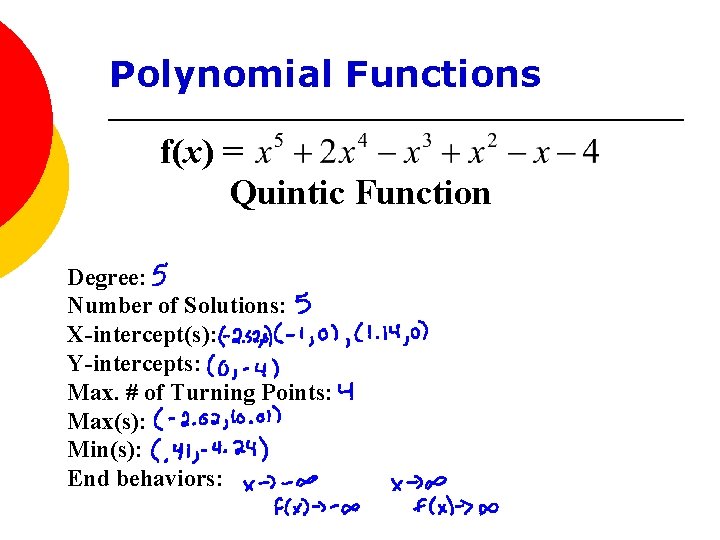 Polynomial Functions f(x) = Quintic Function Degree: Number of Solutions: X-intercept(s): Y-intercepts: Max. #