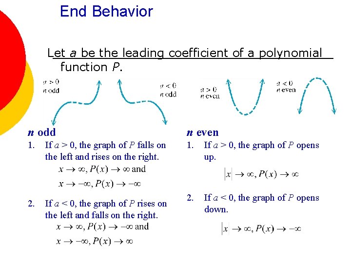 End Behavior Let a be the leading coefficient of a polynomial function P. n