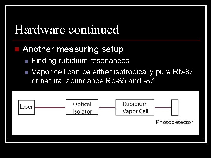 Hardware continued n Another measuring setup n n Finding rubidium resonances Vapor cell can