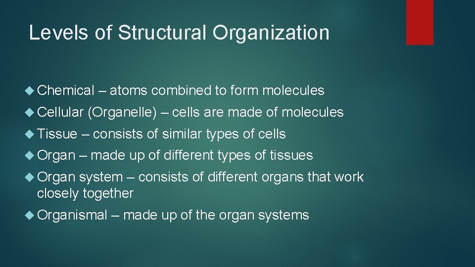 Levels of Structural Organization Chemical – atoms combined to form molecules Cellular (Organelle) –