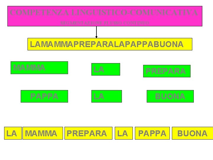 COMPETENZA LINGUISTICO-COMUNICATIVA SEGMENTAZIONE FLUSSO CONTINUO LAMAMMAPREPARALAPAPPABUONA MAMMA PAPPA LA MAMMA LA PREPARA LA BUONA