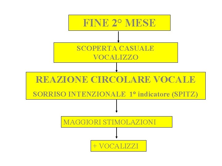 FINE 2° MESE SCOPERTA CASUALE VOCALIZZO REAZIONE CIRCOLARE VOCALE SORRISO INTENZIONALE 1° indicatore (SPITZ) FINE 2° MESE SCOPERTA CASUALE VOCALIZZO REAZIONE CIRCOLARE VOCALE SORRISO INTENZIONALE 1° indicatore (SPITZ)
