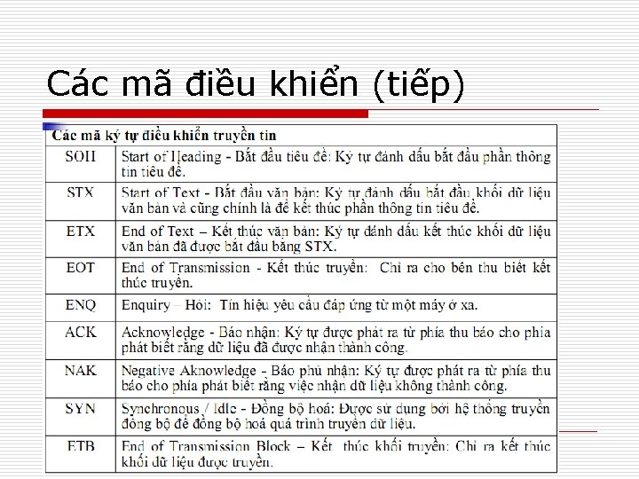 Các mã điều khiển (tiếp) 