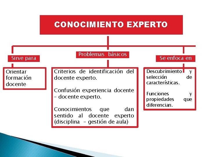 CONOCIMIENTO EXPERTO Sirve para Orientar formación docente Problemas básicos Criterios de identificación del docente CONOCIMIENTO EXPERTO Sirve para Orientar formación docente Problemas básicos Criterios de identificación del docente
