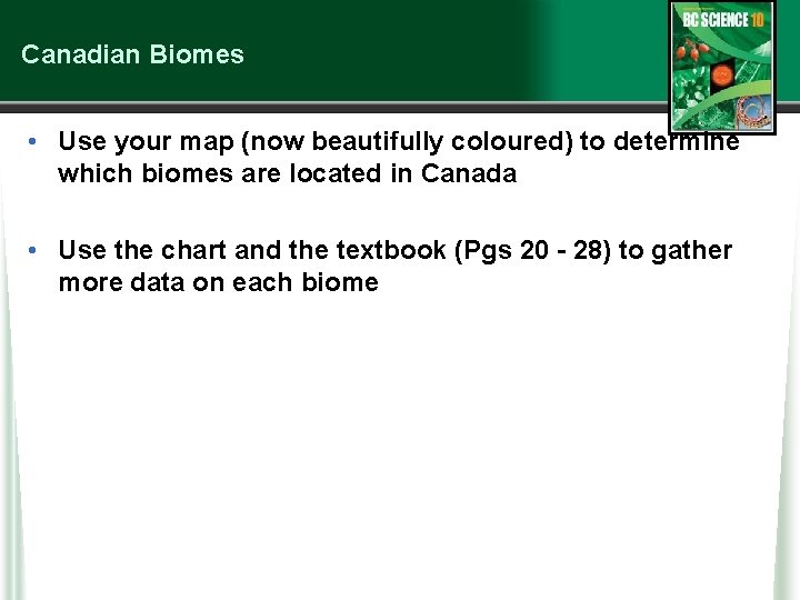 Canadian Biomes • Use your map (now beautifully coloured) to determine which biomes are