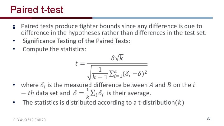 Paired t-test • CIS 419/519 Fall’ 20 32 