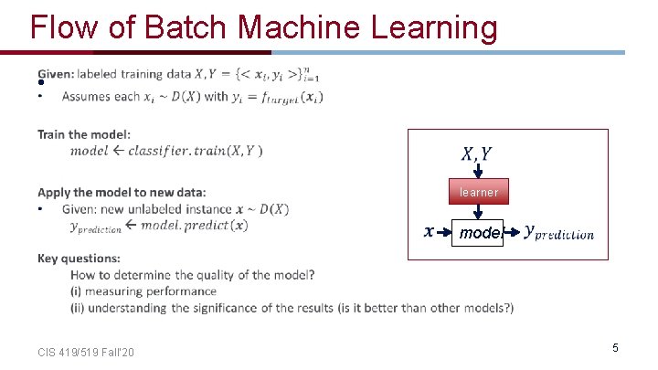 Flow of Batch Machine Learning • learner CIS 419/519 Fall’ 20 model 5 