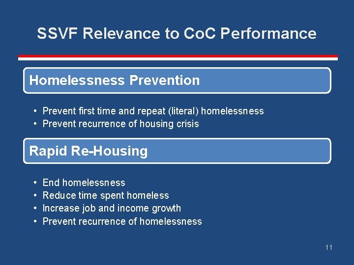 SSVF Relevance to Co. C Performance Homelessness Prevention • Prevent first time and repeat