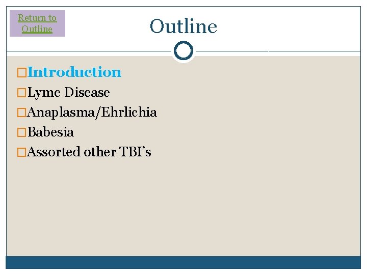 Return to Outline �Introduction �Lyme Disease �Anaplasma/Ehrlichia �Babesia �Assorted other TBI’s Return to Outline �Introduction �Lyme Disease �Anaplasma/Ehrlichia �Babesia �Assorted other TBI’s