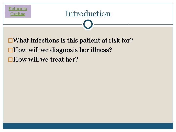 Return to Outline Introduction �What infections is this patient at risk for? �How will