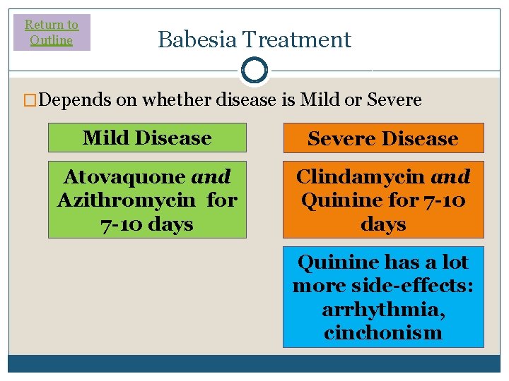 Return to Outline Babesia Treatment �Depends on whether disease is Mild or Severe Mild