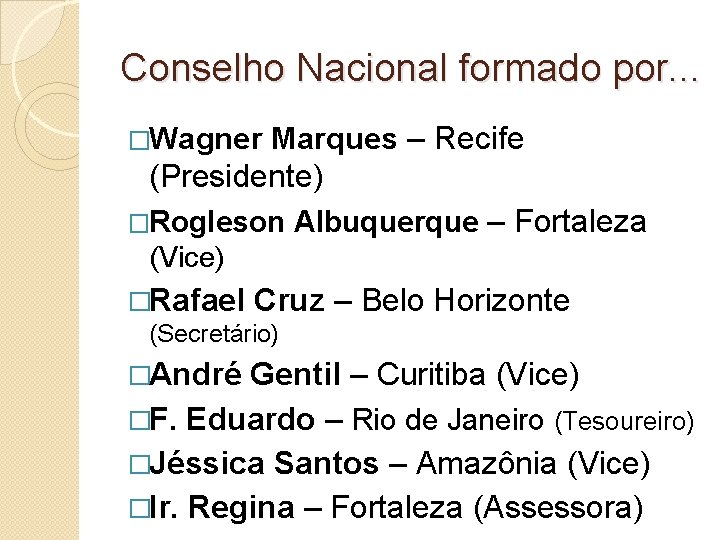 Conselho Nacional formado por. . . �Wagner Marques – Recife (Presidente) �Rogleson Albuquerque –